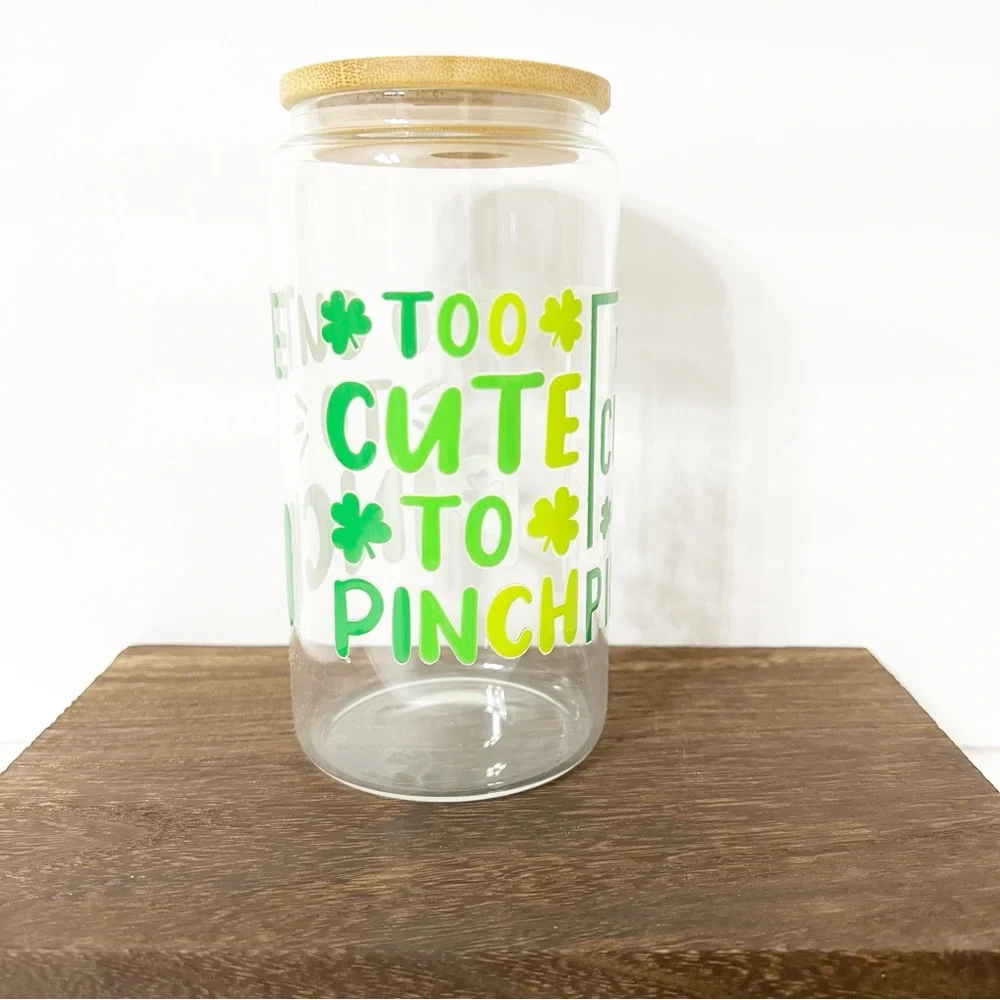 “Too Cute To Pinch” Libbey Glass Can with Bamboo Lid and Straw